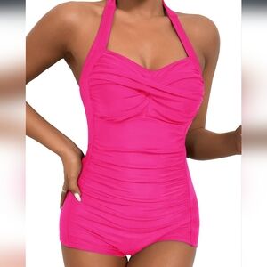 Hot Pink Halter Boyshort Swimsuit